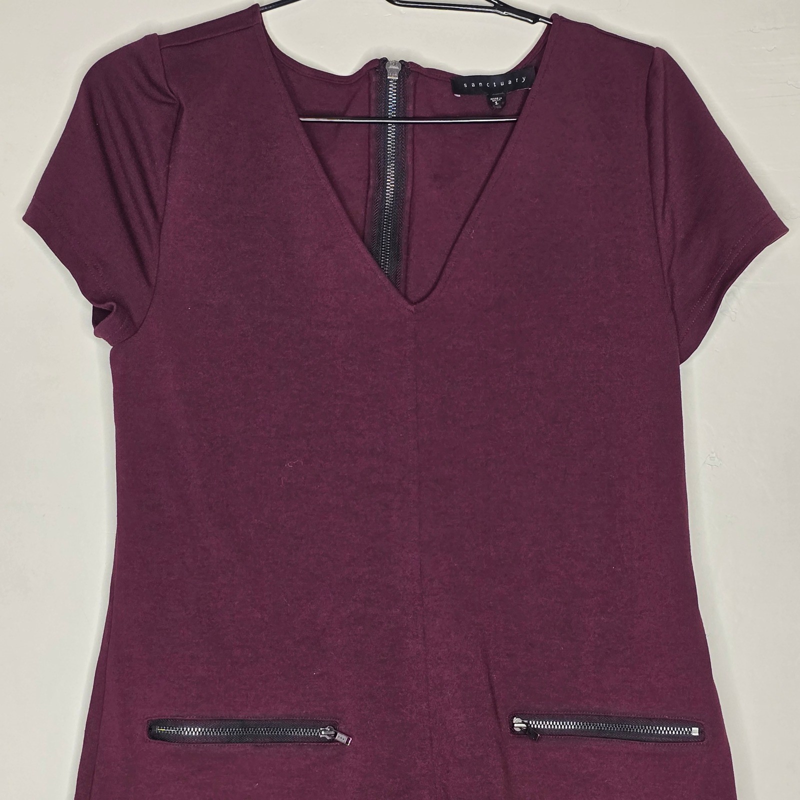 Sanctuary Womens V-Neck Zipper Pocket Shift Dress L Burgundy Ponte Knit Mini