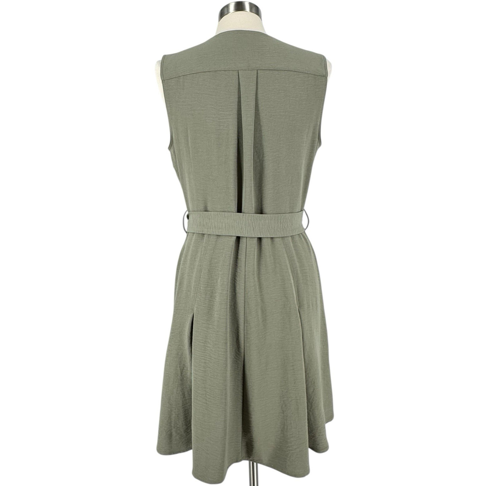 DKNY Sleeveless Button Front Belted Dress Pockets Olive Green Women’s 12 Utility