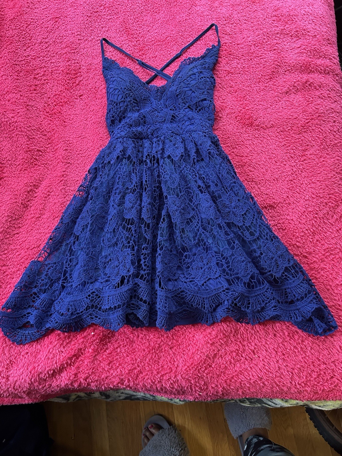 Papaya Blue Solid Lace V-Neck Sleeveless Lined Mini Dress Zip Closure Size Sm