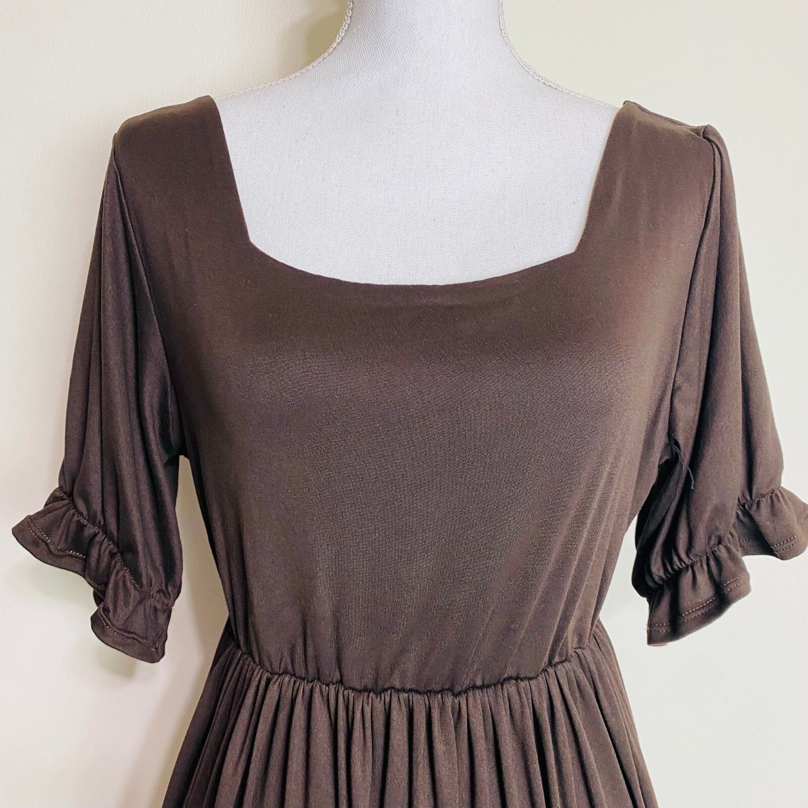 Puff Sleeve Square Neck Long Dress for Women, Fits Small to Medium,Brown