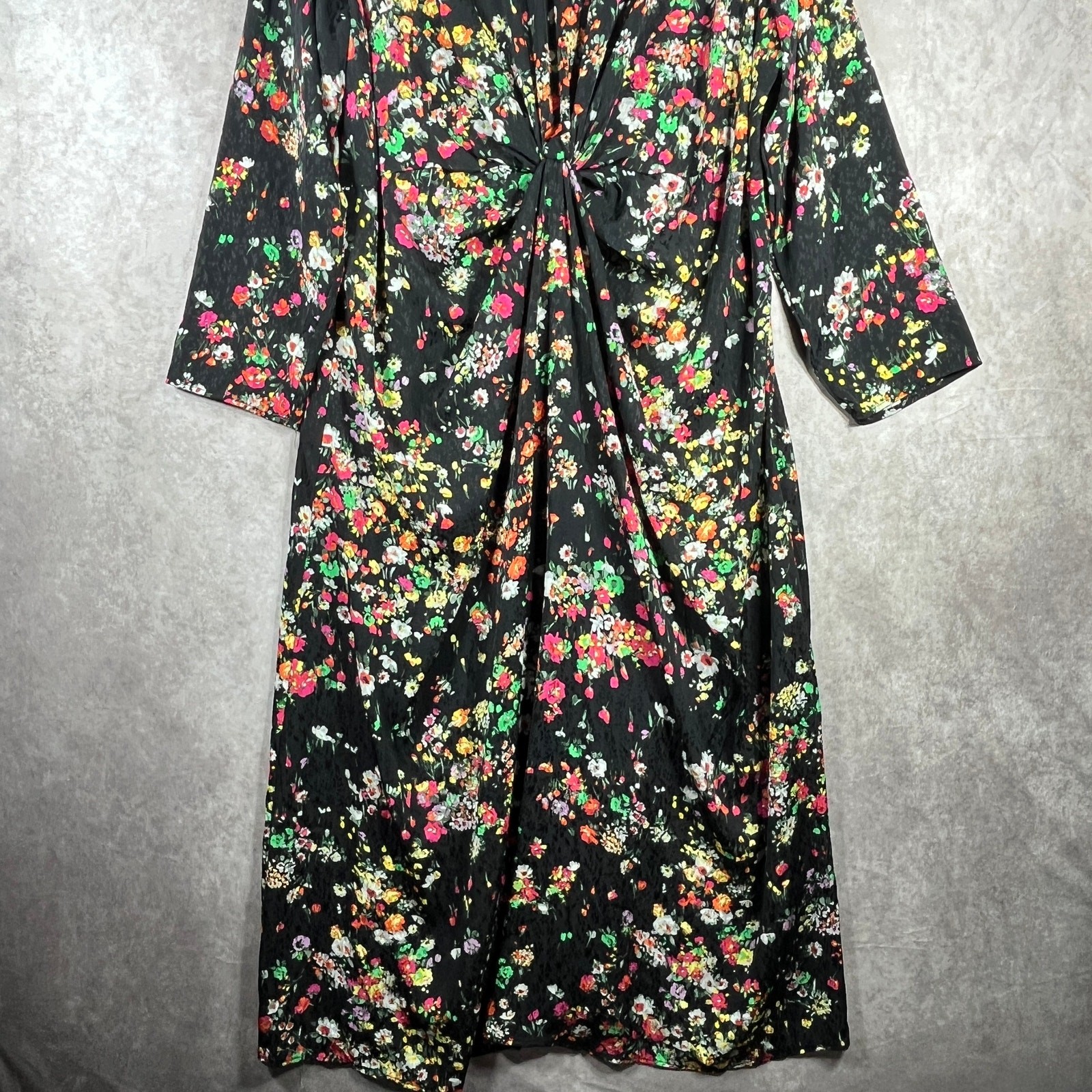 H&M Maxi Dress Womens 2XL Black Micro Floral Print Twist Front Cottagecore NEW
