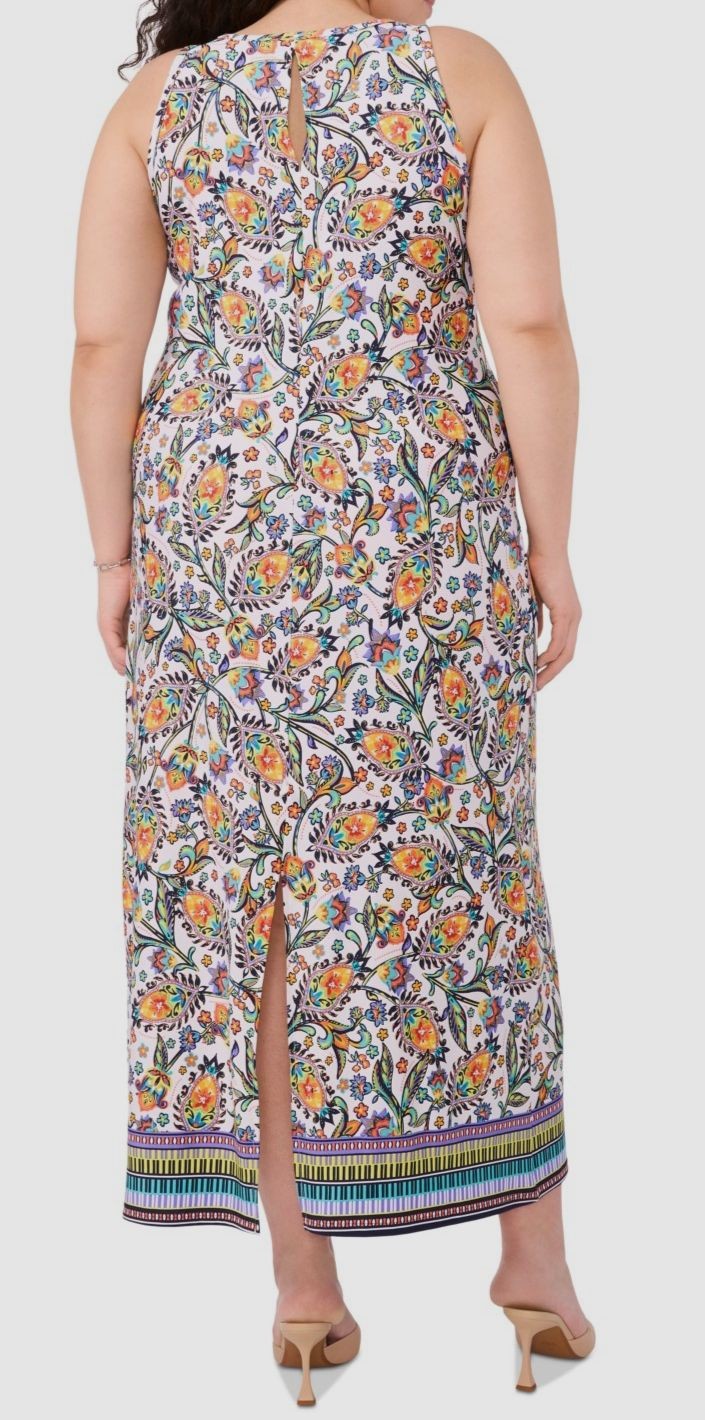 MSK Women’s White/Blue Printed Round-Neck Sleeveless Maxi Dress Plus Size 1X