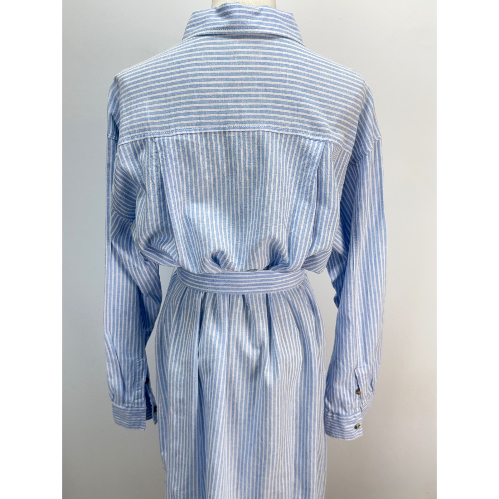 H&M Light Blue White Striped Button Down Midi Shirt Dress with Tie Waist Belt