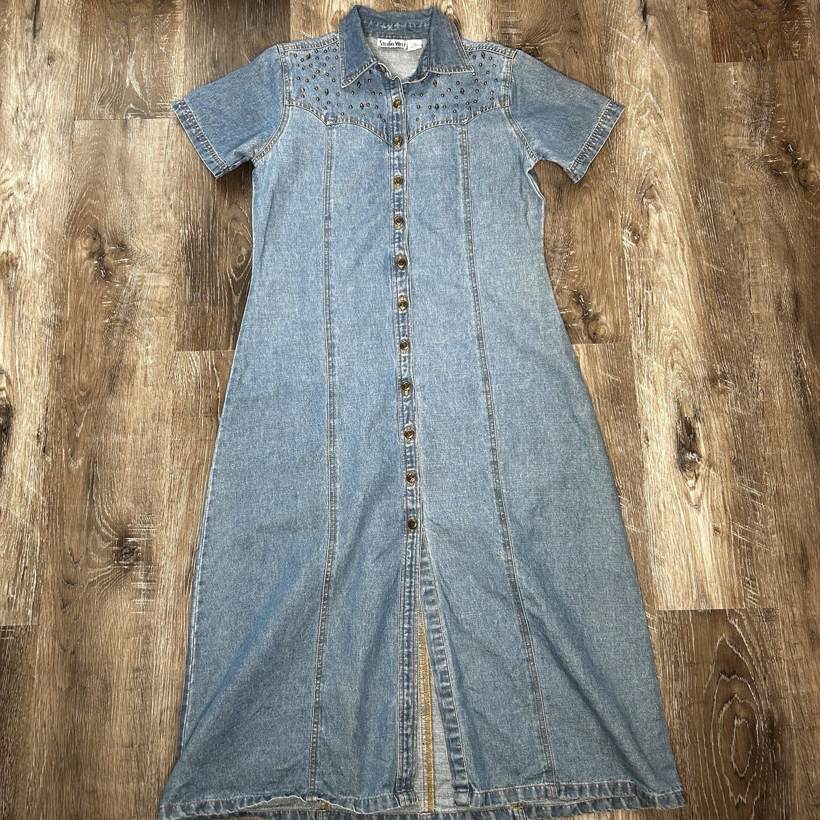 Vintage Studio West Denim Maxi Dress Branded Button Studs Sz M Western Cottage