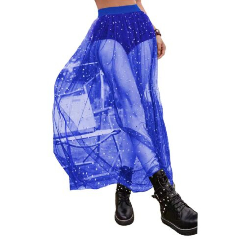 Womens Nightclub Sexy Perspective Pleated Lace Wrap Hip Mesh High Waist Skirt