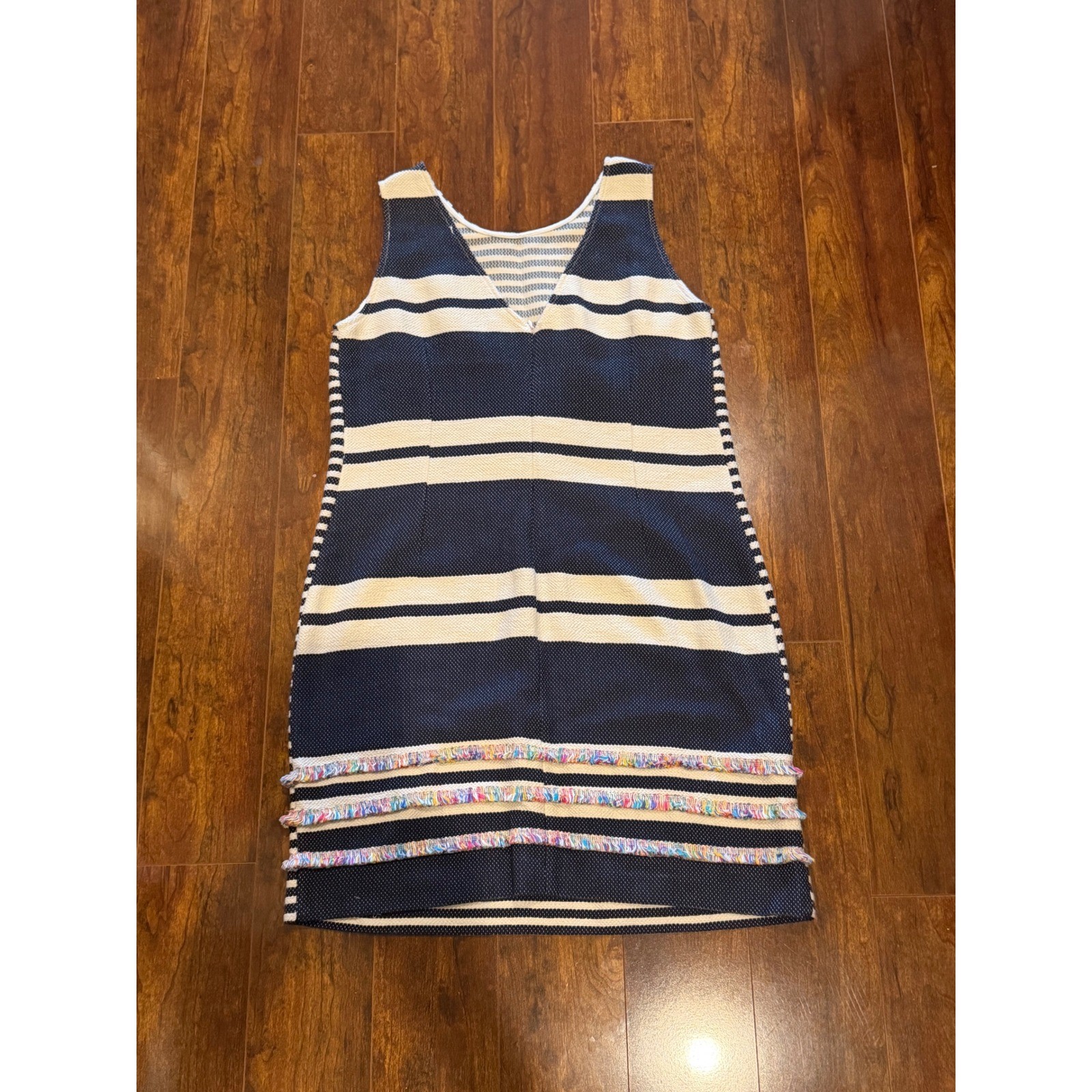 Vilagallo Navy White Striped Sleeveless Shift Dress Fringe Trim Spain Size 42