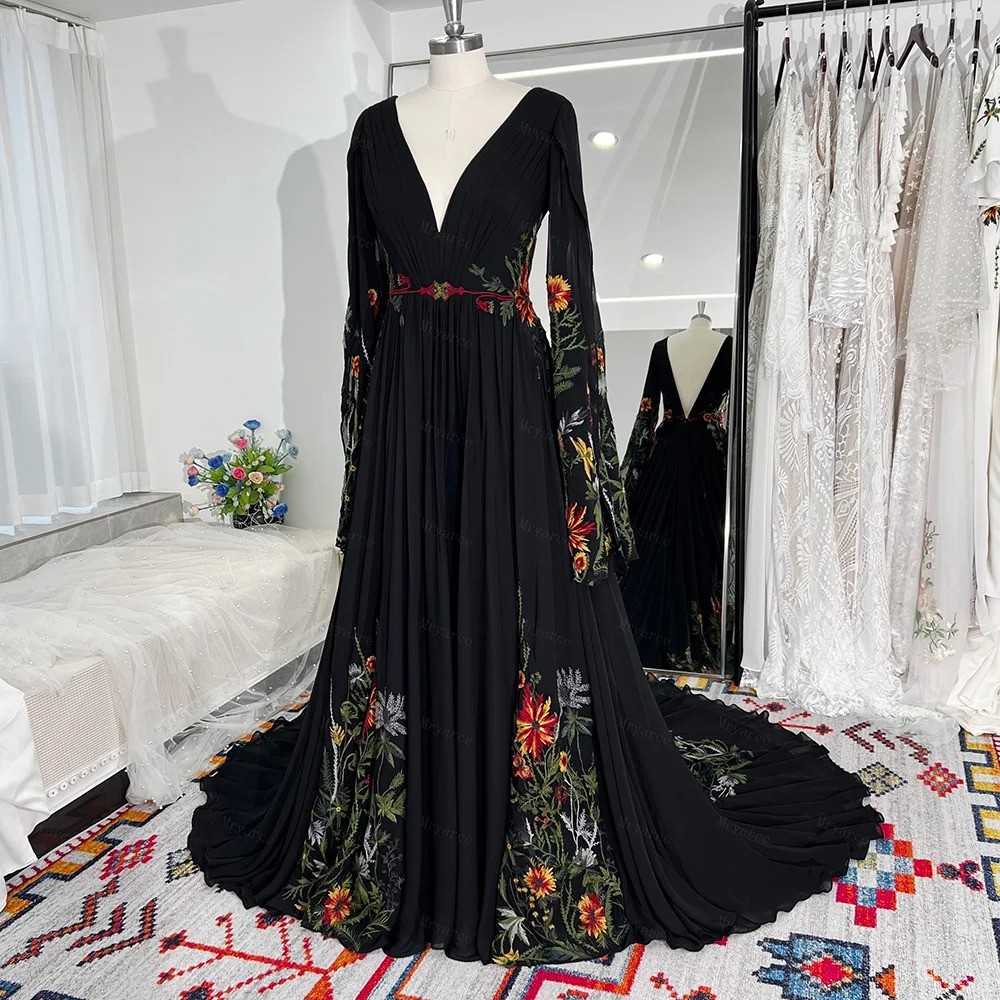 Black Wedding Dresses Long Sleeves A Line Colored Floral Embroidered Bridal Gown