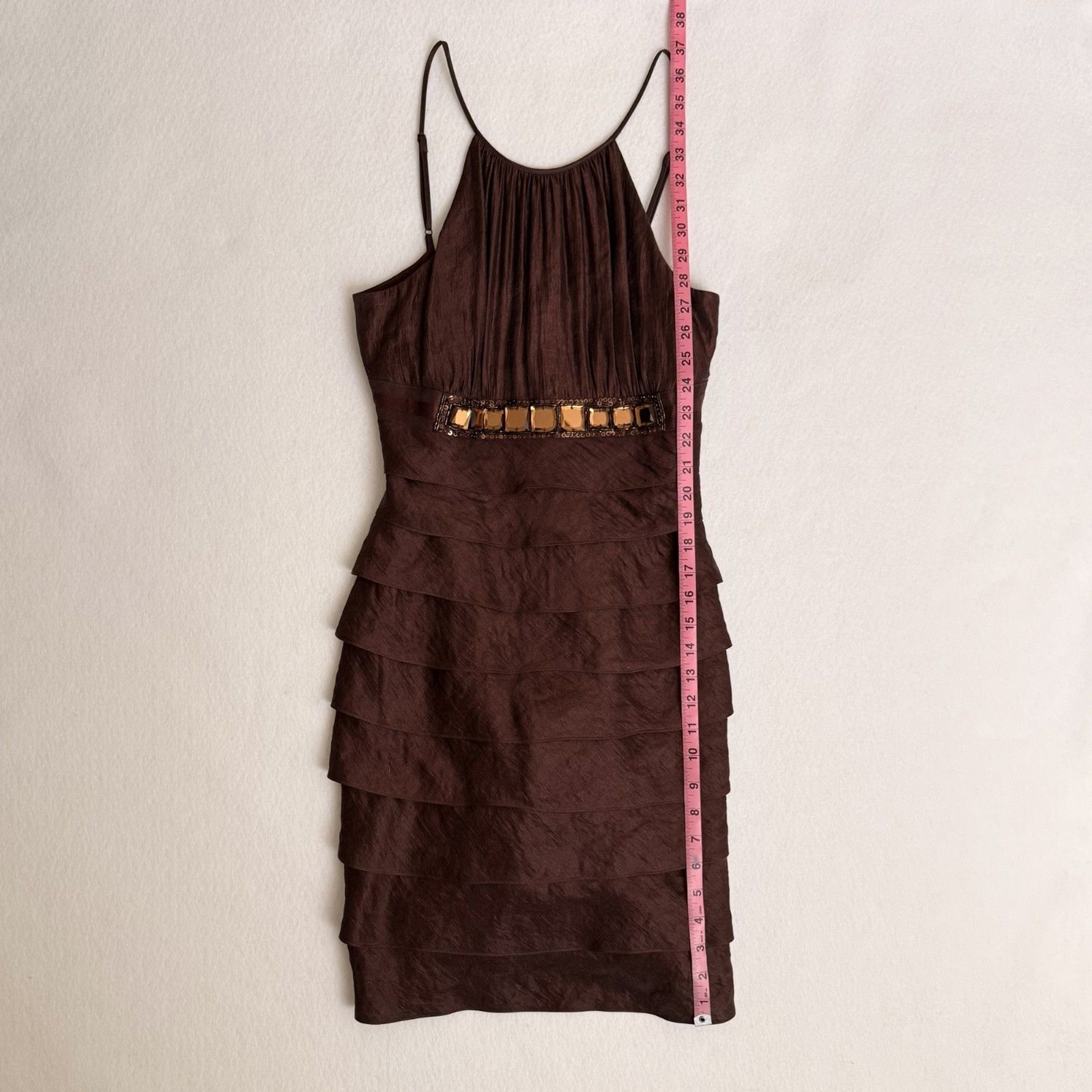 Caché Y2K Brown Iridescent Tiered Halter Mini Dress Jewel Embellishment Size 8