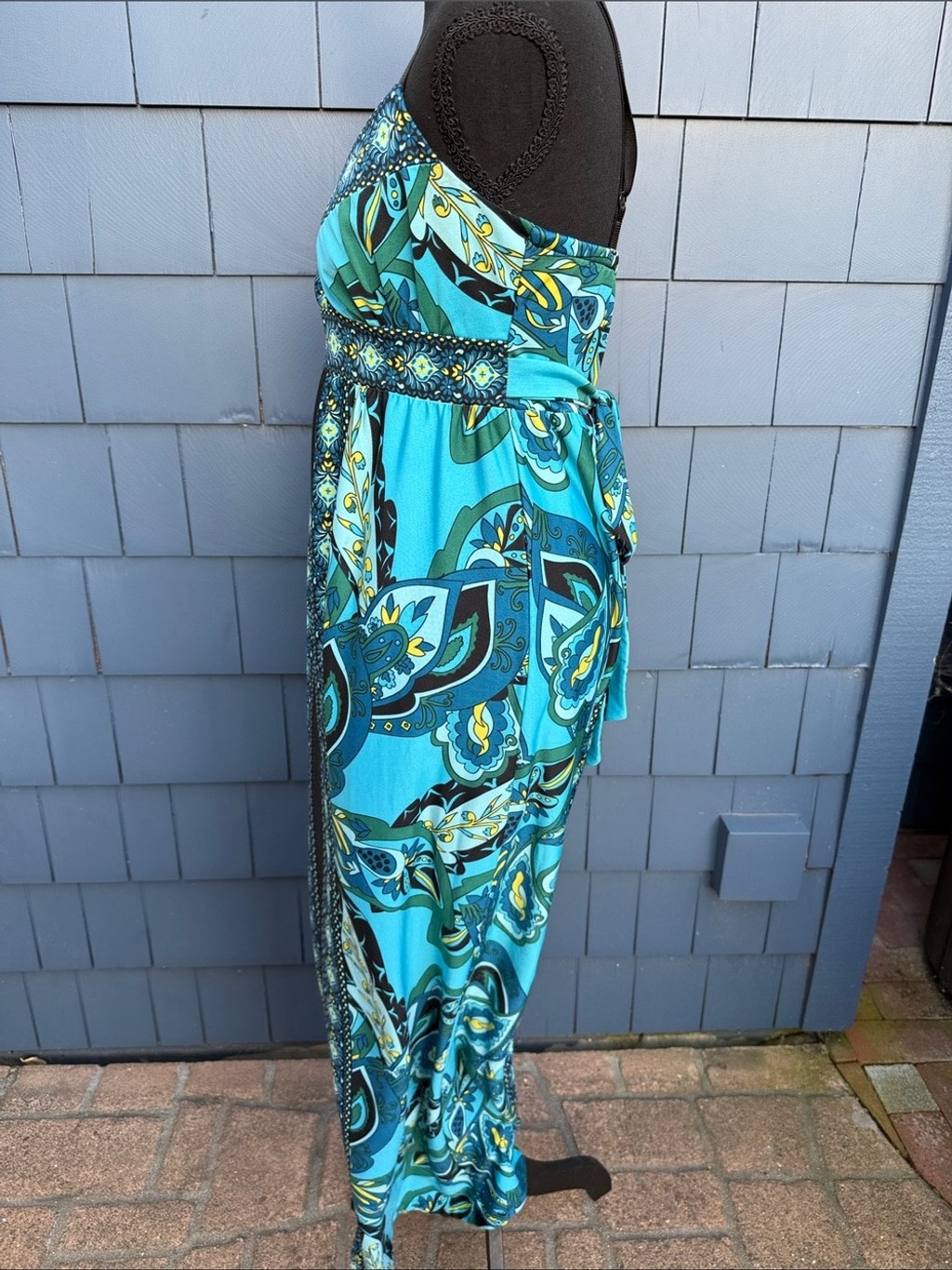 Snap Turquoise and Black Printed Maxi Dress medium 70’s style blue retro