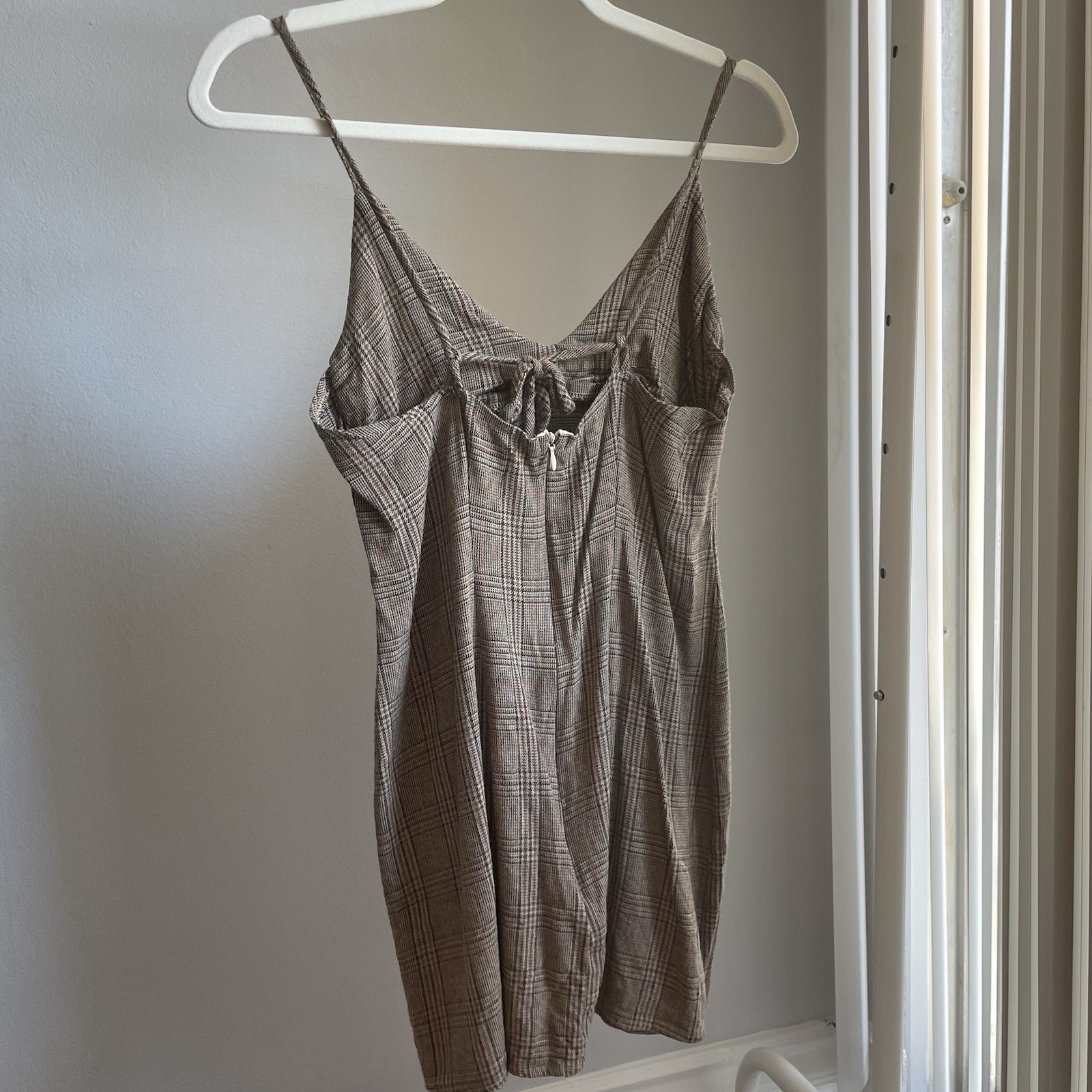PurrrMelrose Wool V Neck Plaid Patterned Tie Back Mini Slip Dress in Brown