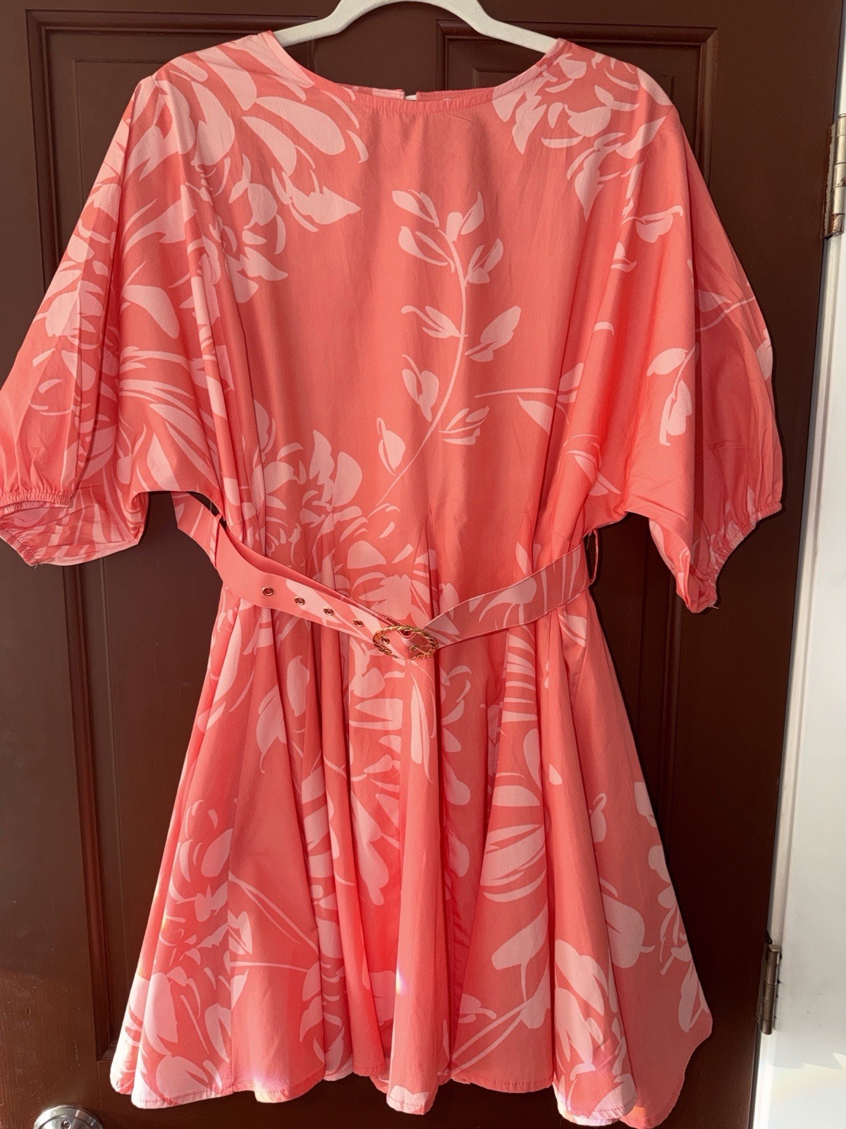 Prosperina Pink Floral A-Line Belted Short Dress Round Neck Puff Sleeve M