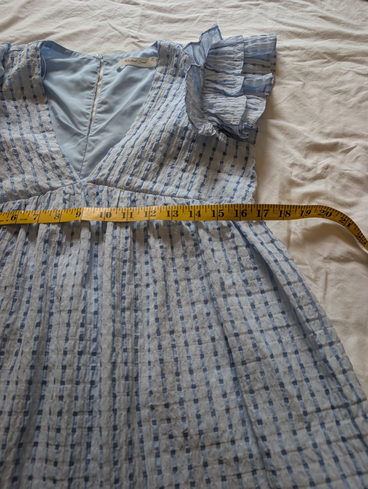 Blue – White Gingham plaid Check Flutter Sleeve Babydoll Mini V-Neck Dress