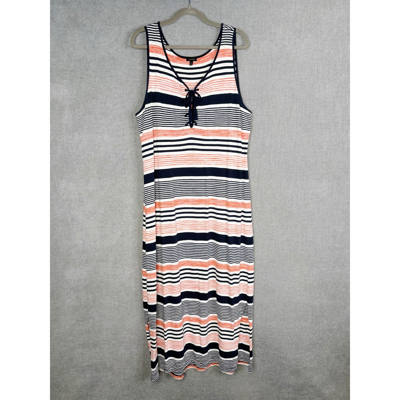 Talbots Dress Womens Extra Large Blue White Orange Striped Maxi Tasseled Beachy