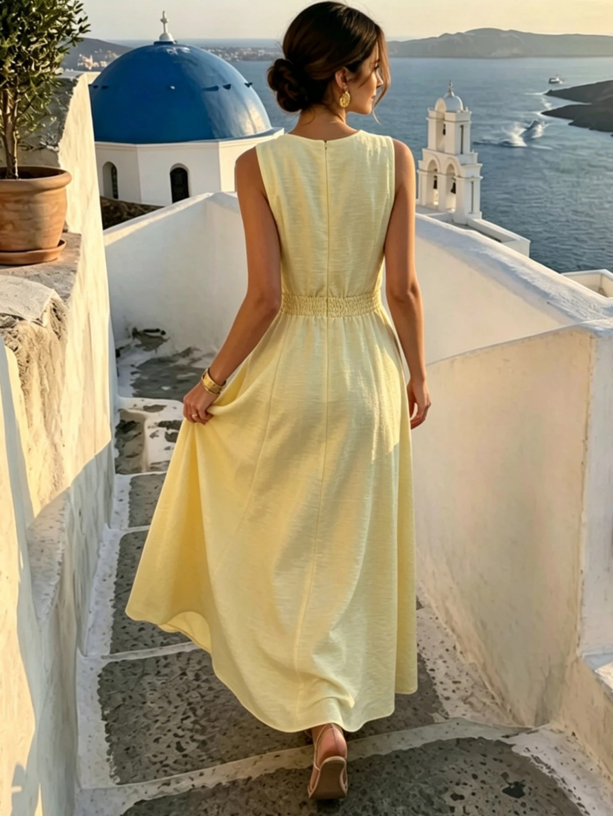 Elegant Ladies Pale Yellow V Neck Maxi Dress