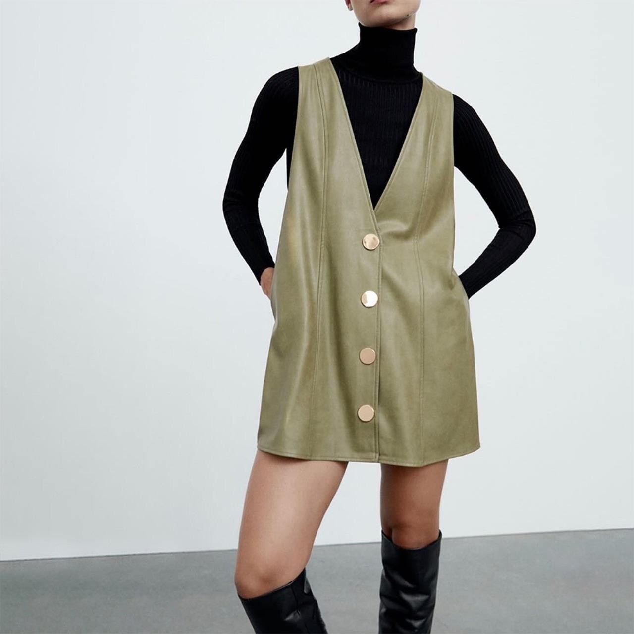 ZARA green/khaki faux leather pinafore mini skirt/dress with gold buttons
