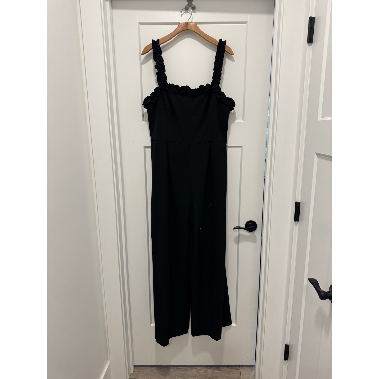 CHELSEA28 Black Ruffle Trim Square Neck Pocket Crepe Pant Jumpsuit 14 Nordstrom