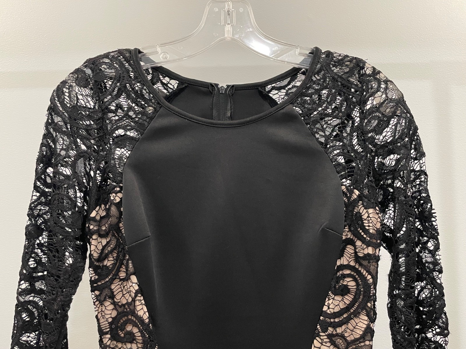 BCX Black Lace w/Sequin Bodycon Long Sleeve Dress, Nude Lined Panels Junior’s 7