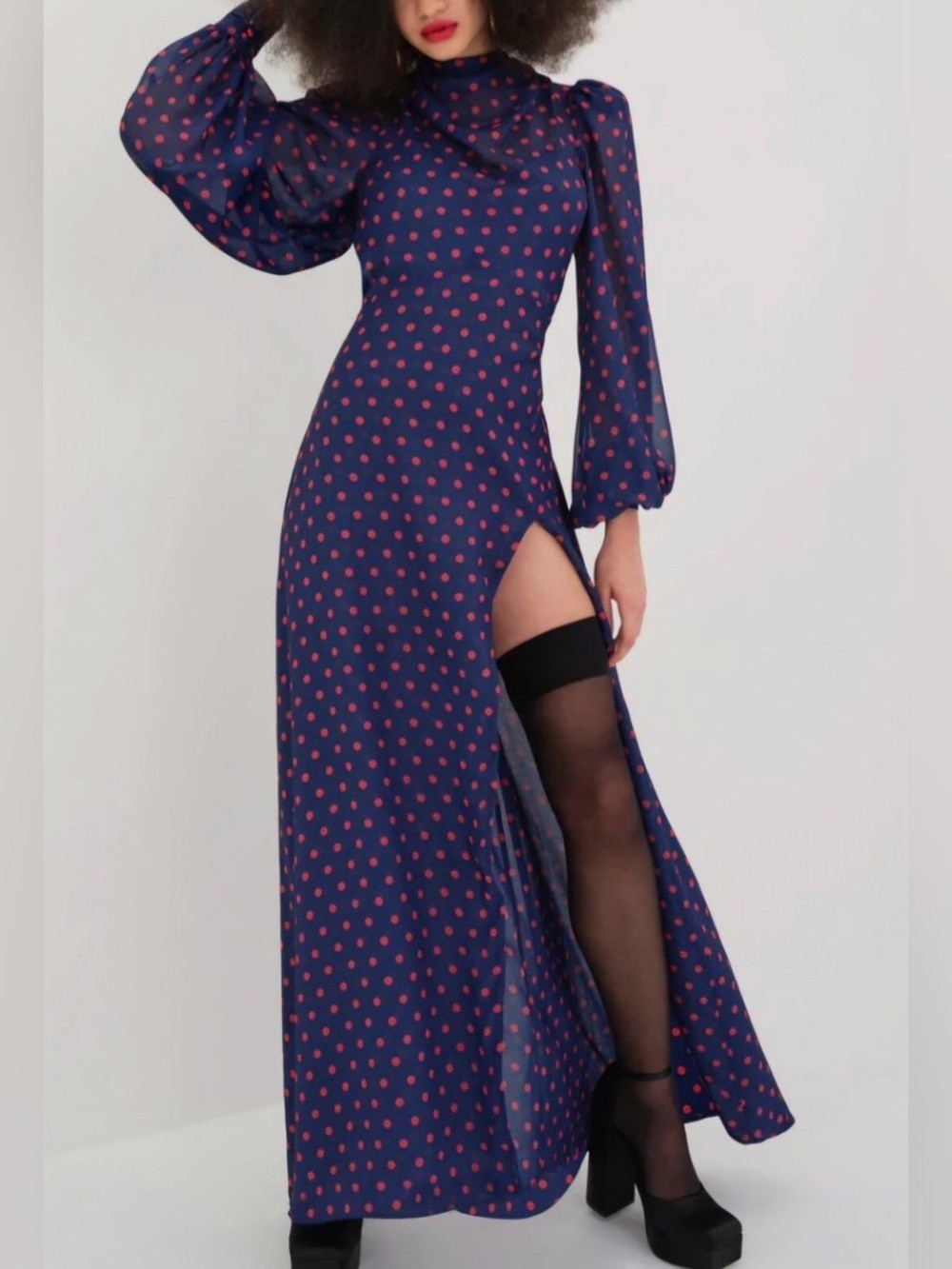 For Love & Lemons Navy Red Polka Dot Maxi Dress Puff Sleeve Side Slit M