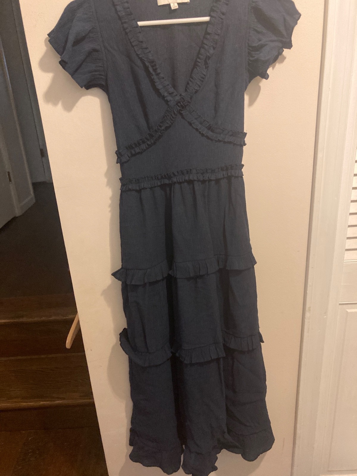 PINCH Ruffle Tiered Midi/Maxi Dress Size Small Navy V Neck