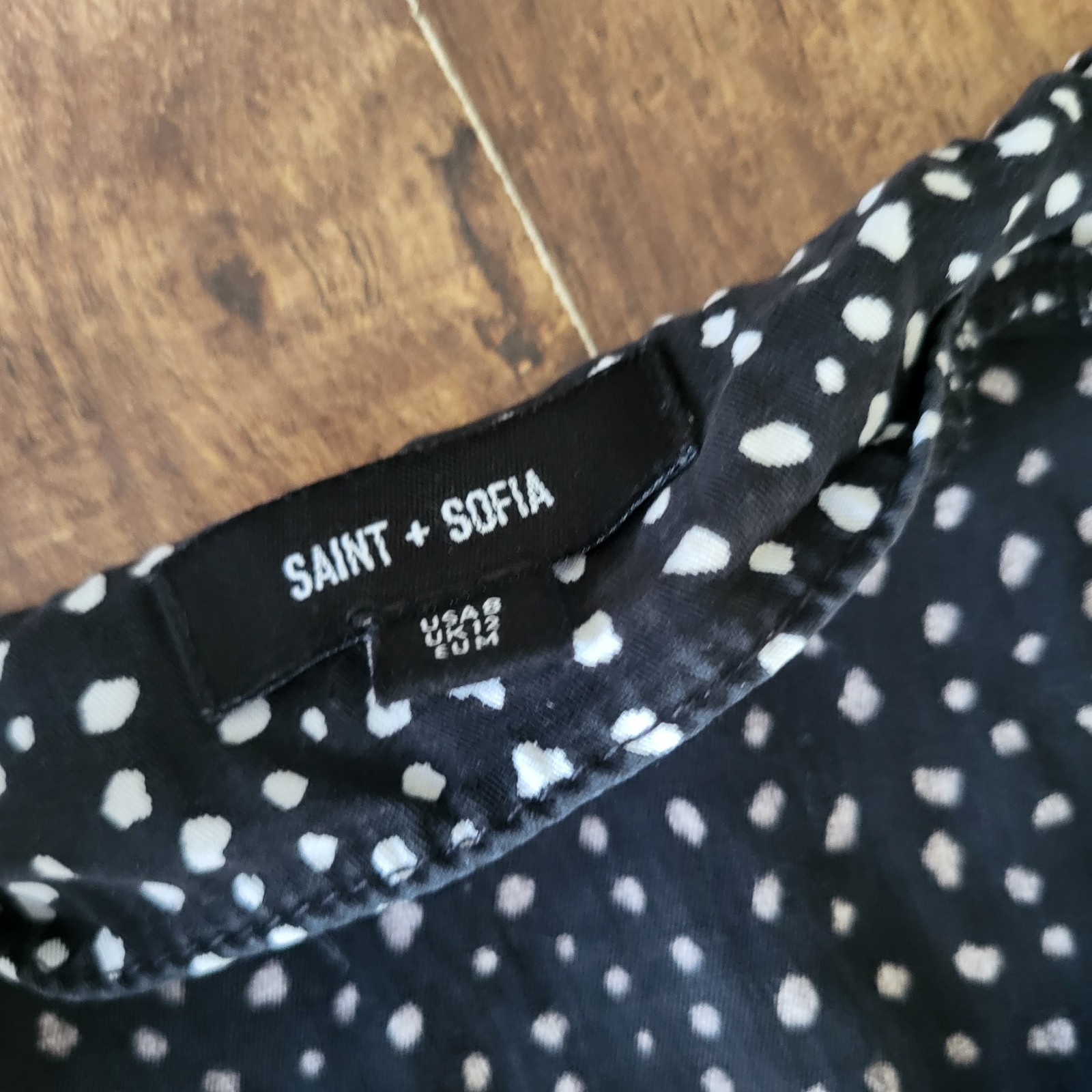 Saint & Sofia, monochrome dot, tiered maxi dress, sleeveless 12, pockets