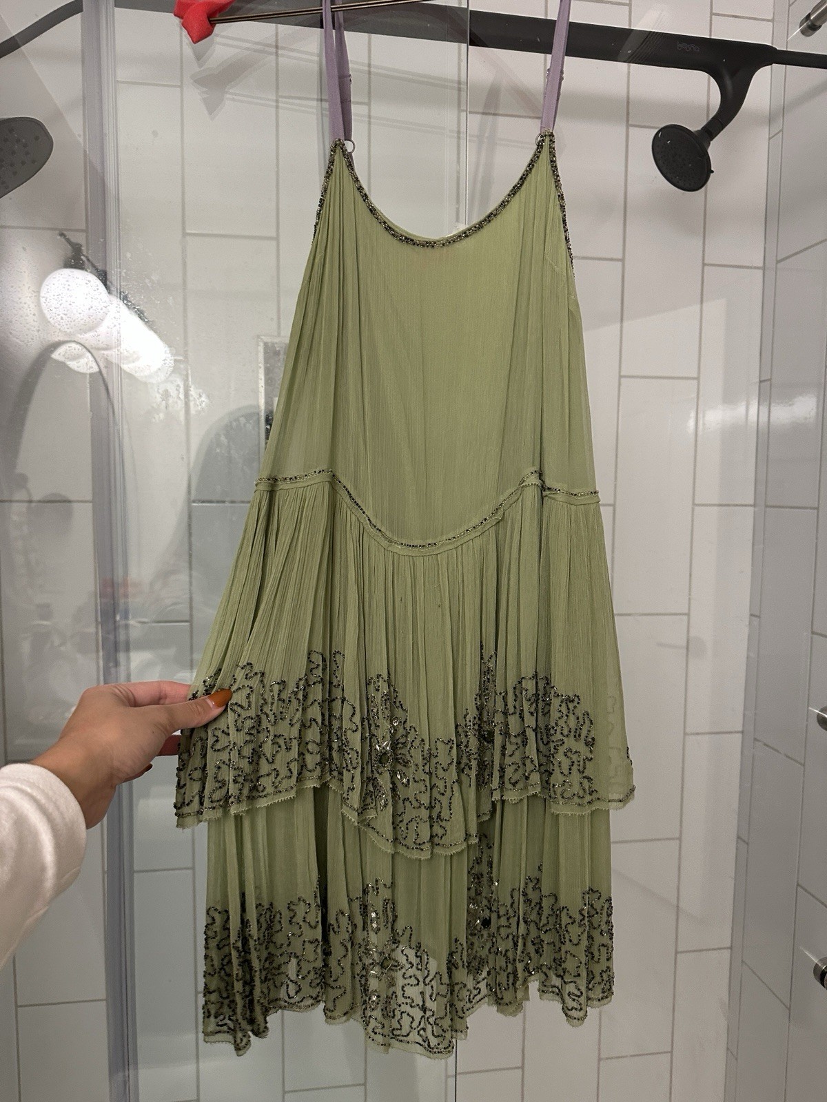 Free People Green Beaded Layered Sequin Chiffon Mini Dress XS Sleeveless