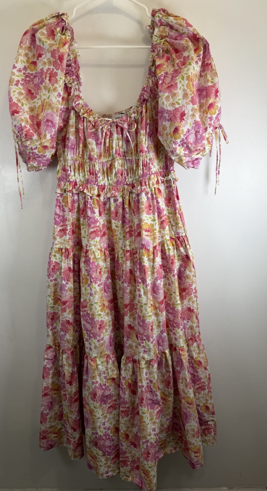 Sofie the Label Womens Dress Medium Midi Tiered Floral Pink Puff Sleeve