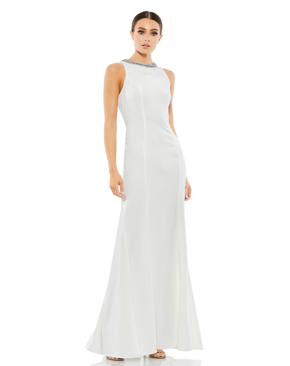 Mac Duggal 49093 White Embellished Neck Trumpet Gown Size 0 NWD