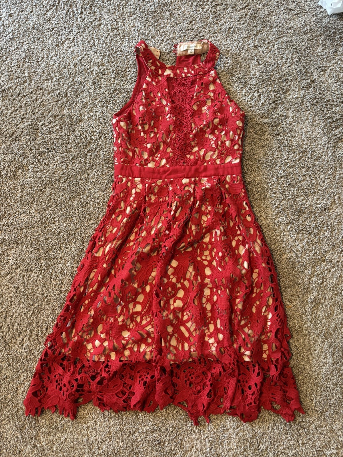 Francesca’s Celebrate Red Lace Halter Dress Floral Crochet A-Line Large