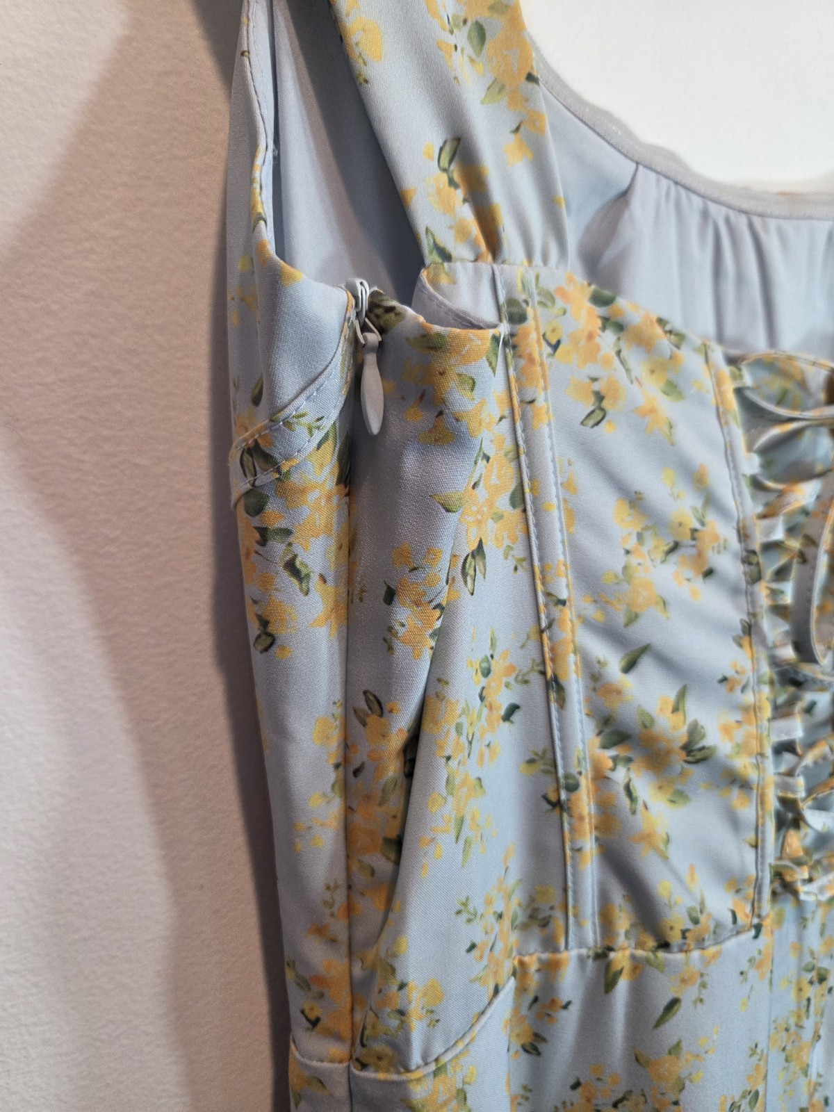 UNBRANDED Size L Blue/Yellow Floral Square Neck Corset Back Lace Up Midi Dress