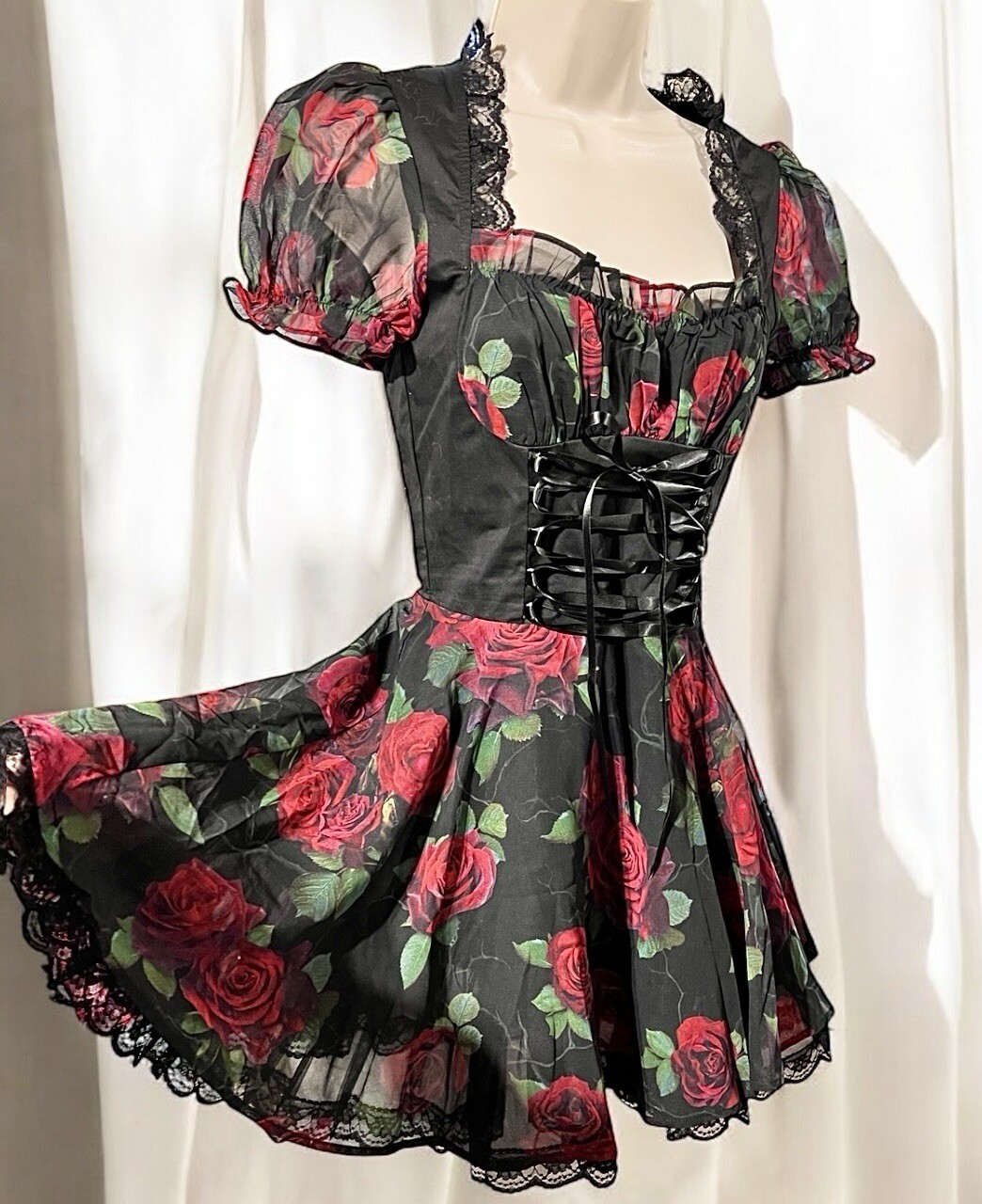 Size XXS…….Goth themed Black & Red Roses Floral Dress. New……Widow