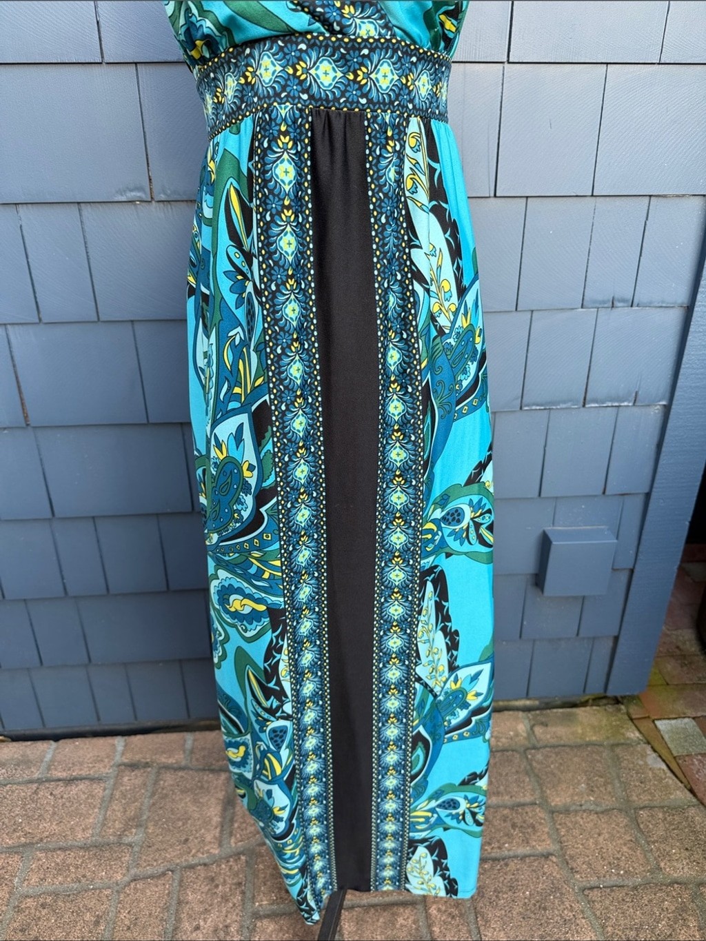 Snap Turquoise and Black Printed Maxi Dress medium 70’s style blue retro