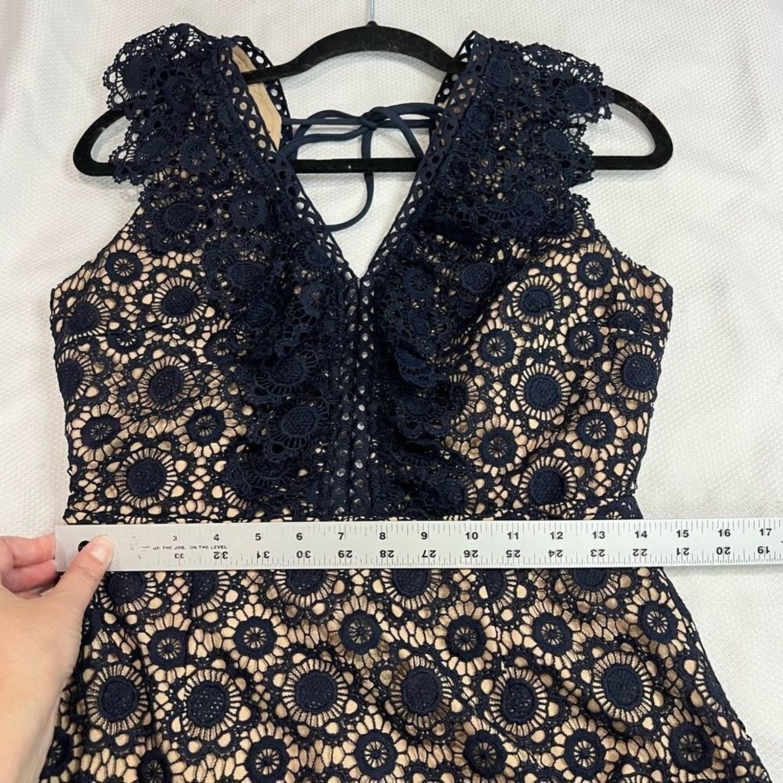 J.O.A. Navy Blue Tan Crochet‎ Lace Open Back Dress Womens M