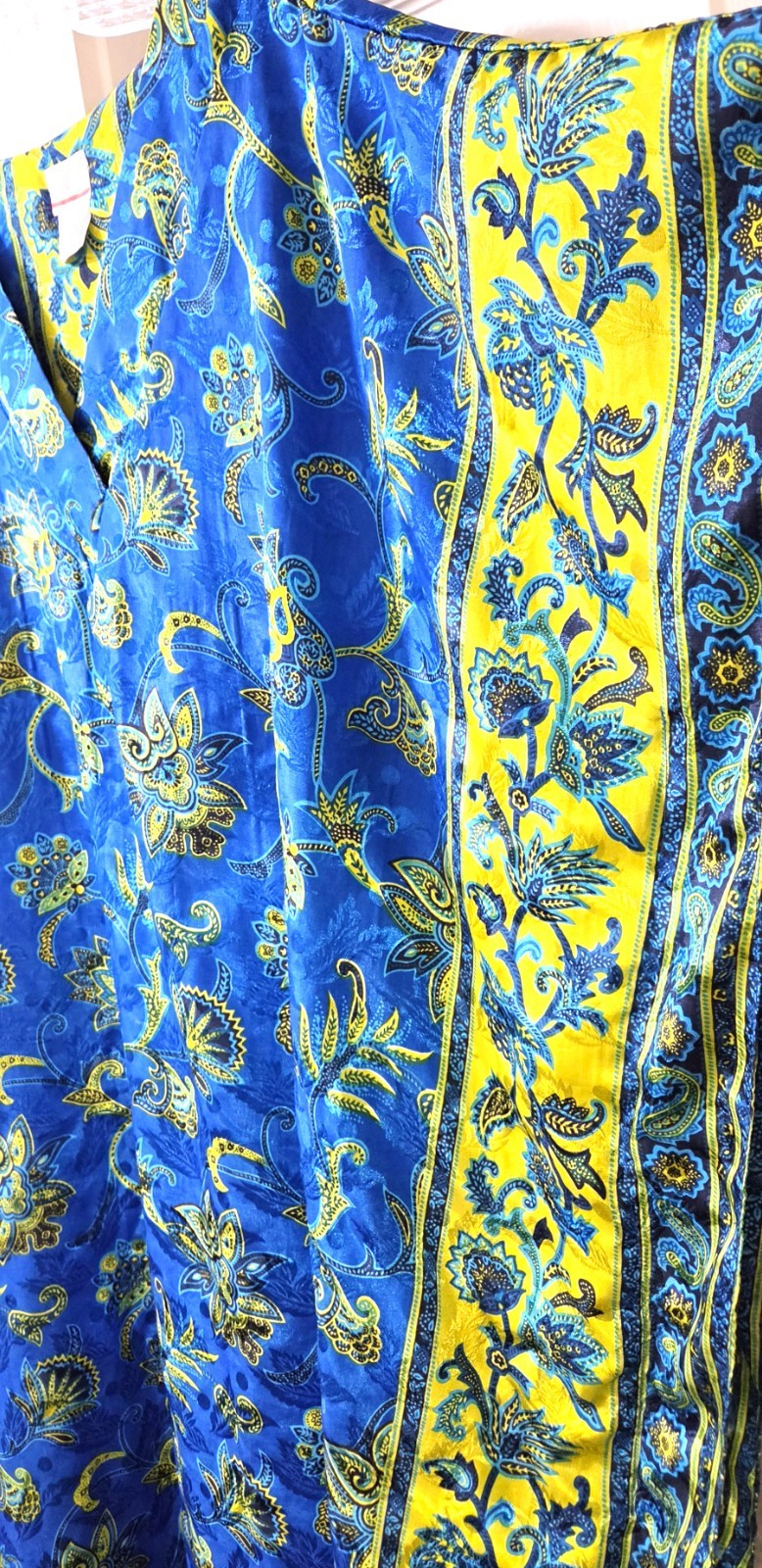 Simply Basic OSFM Caftan Blue Yellow-Green Floral Poly Opposite Color Panels