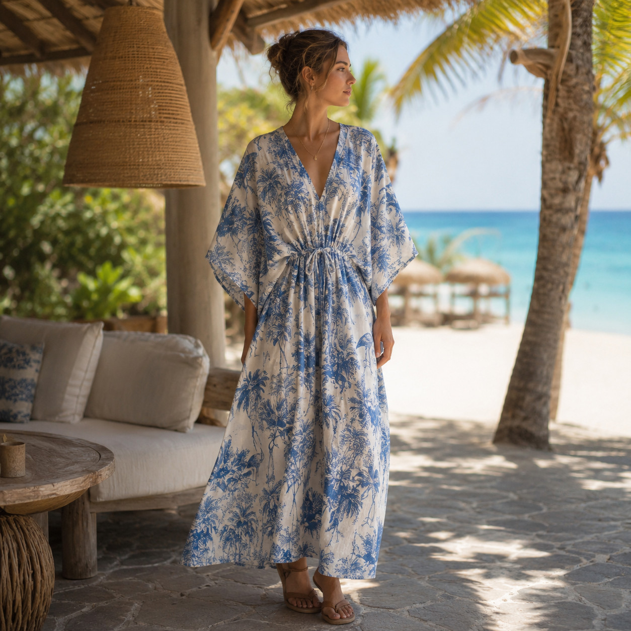 Blue White Floral Kaftan Dress Women Cotton Boho Maxi Beach Cover Up Resort Wear