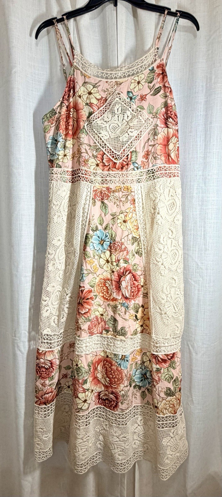 FARM Rio for Anthropologie Floral Crochet Lace Midi Dress Pink Boho Sz 10