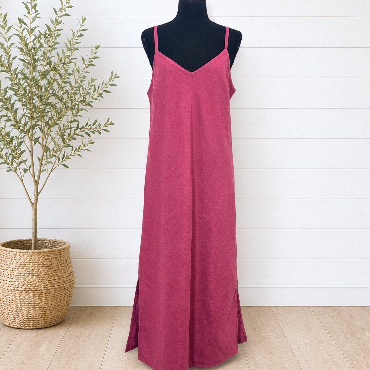 Womens European Flax Linen Burgundy Bias Cut Maxi Slip Dress M Coastal 90s Y2K