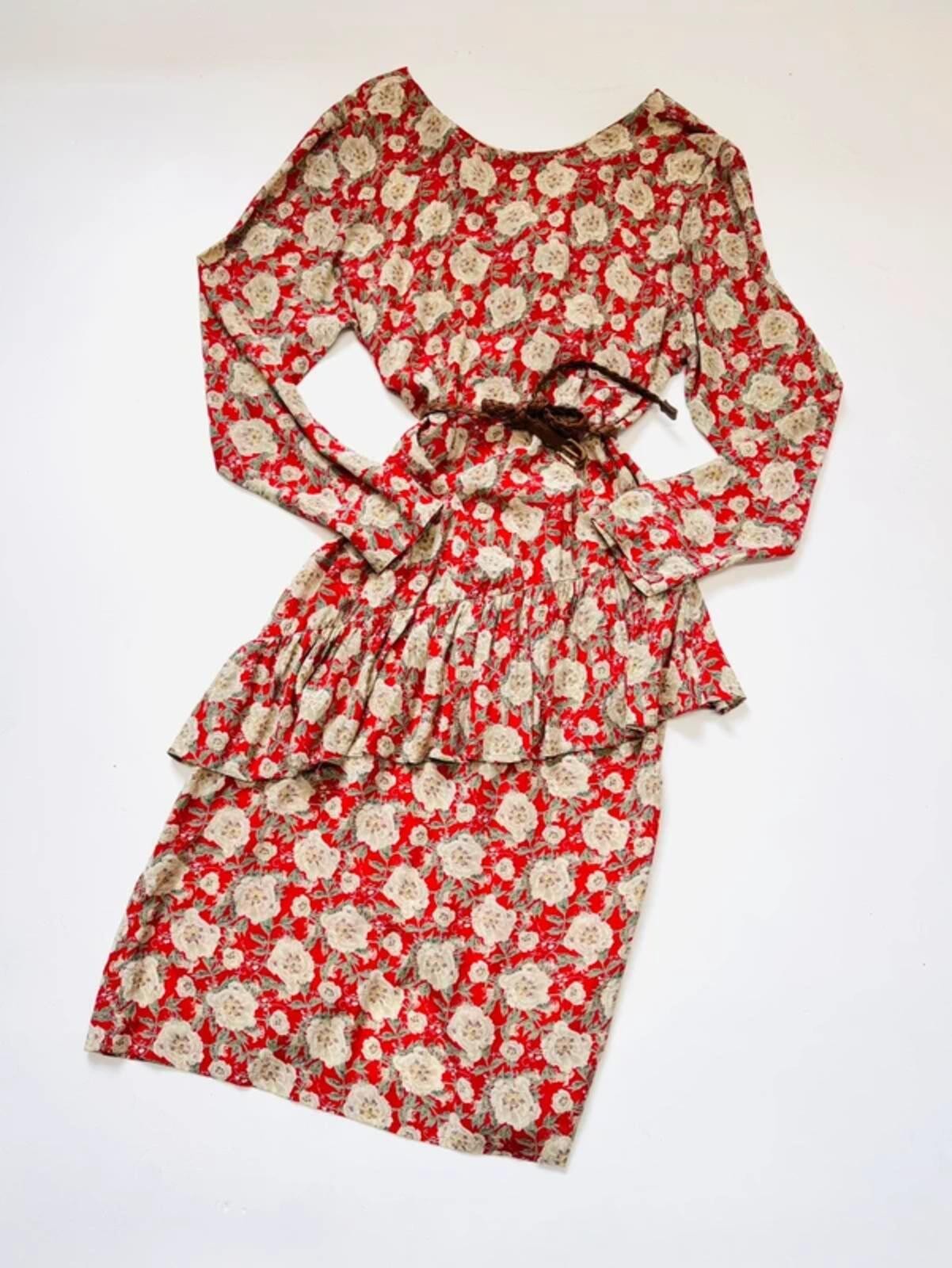 Vintage 80s Red Floral Ruffle Dress