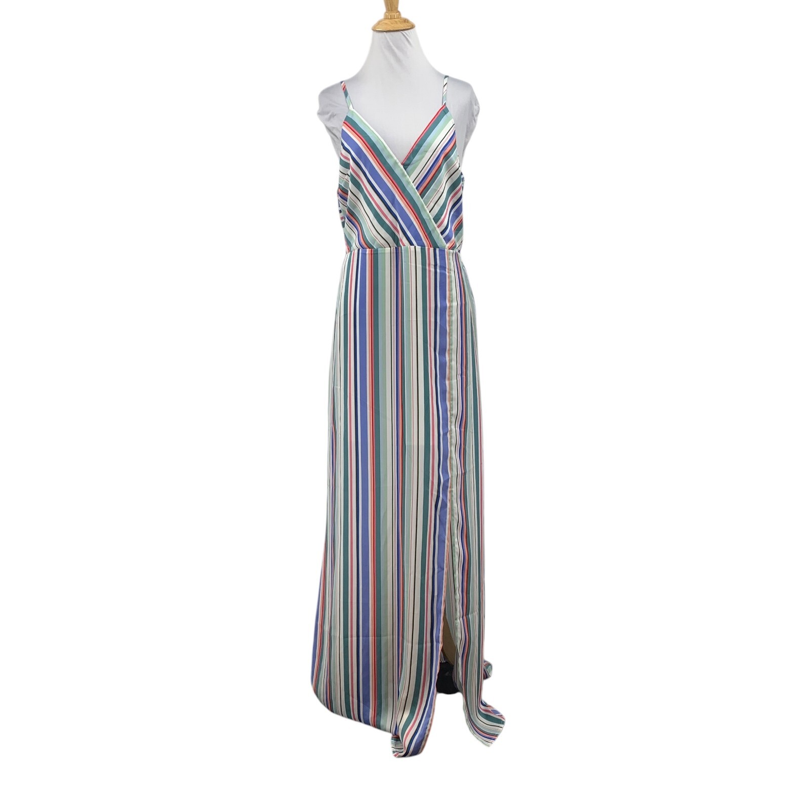 Jack BB Dakota Dress Womens L Large Multi Striped Wrap V Neck Slits Lined Maxi