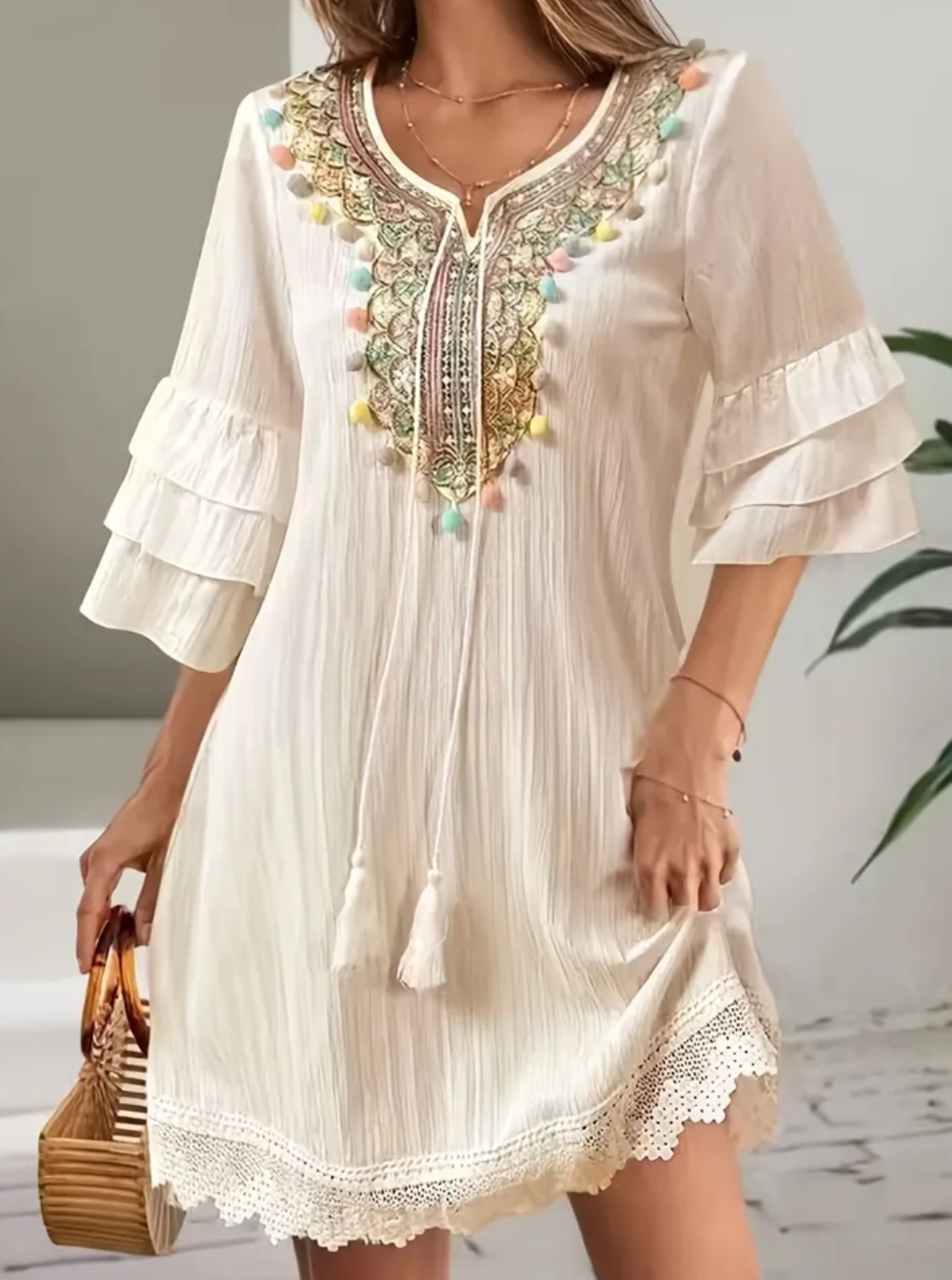 Embroidered Lace Colorful Tassel Details RuffleSleeves Tassel EmbellishmentDress