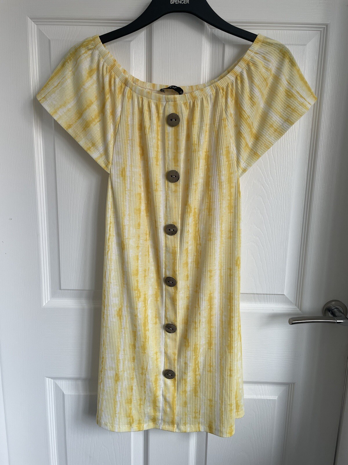 Ladies Yellow Mix F&F Off The Shoulder Button Textured Stretch Dress – Size 10