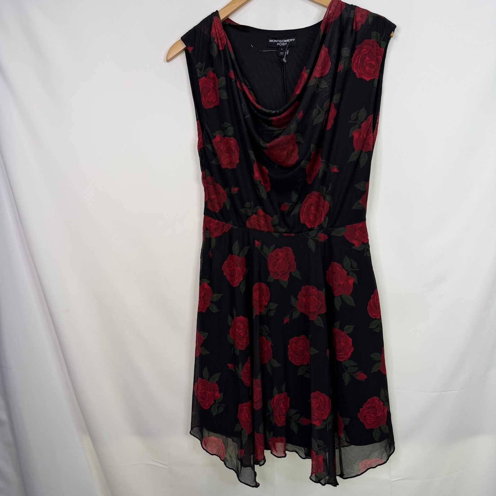 Montgomery Post Women Red Rose Floral Cowl Neck Mesh Dress Black Large NWT