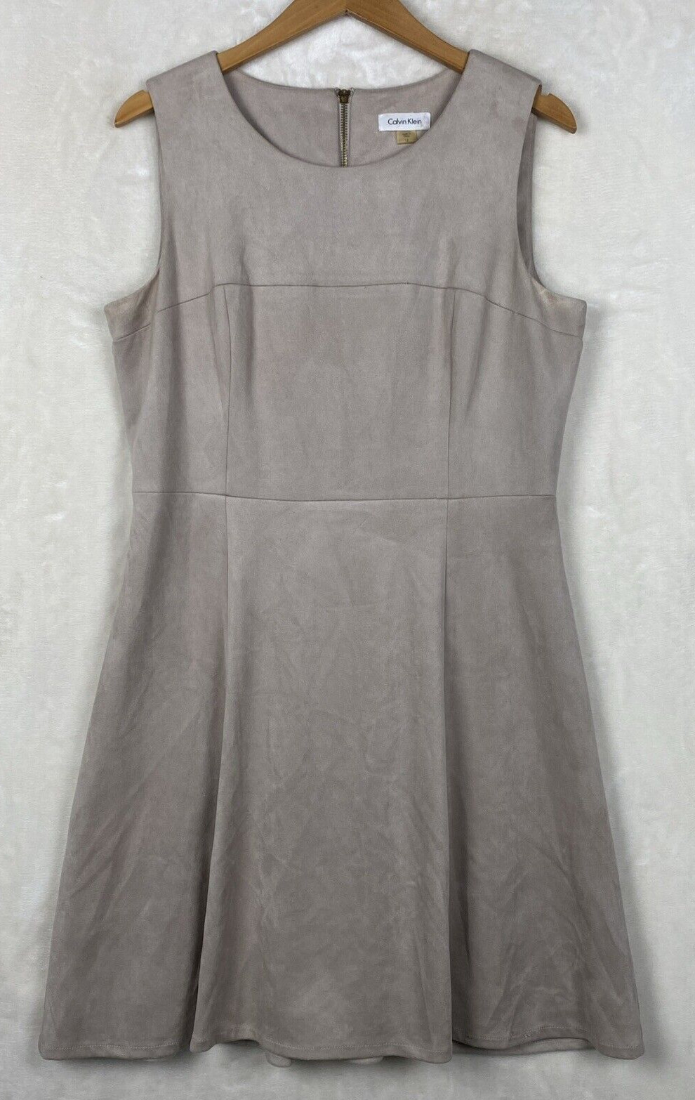Calvin Klein ALine Dress Womens 12 Beige Faux Suede Sleeveless Stretch Career