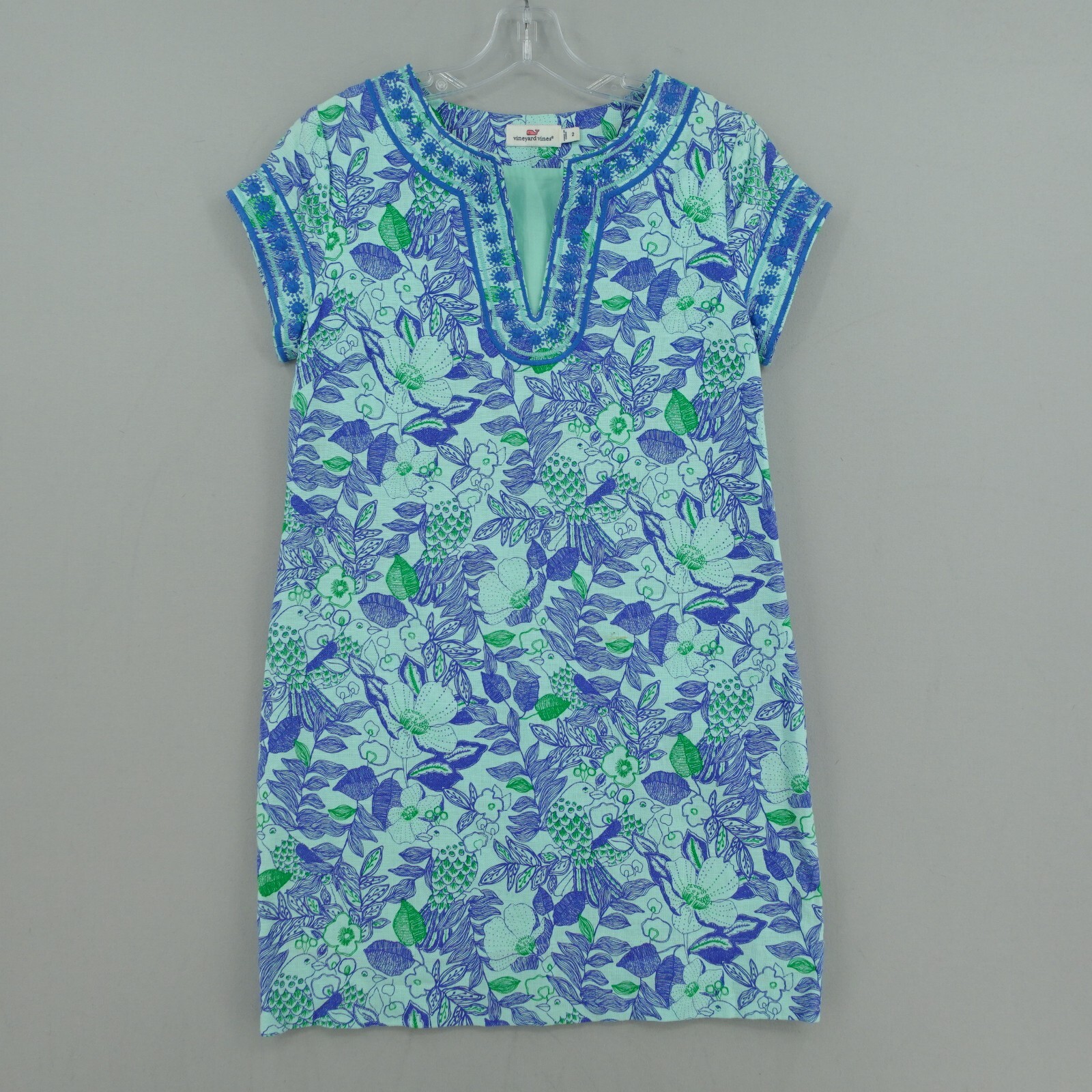 Vineyard Vines Cordia Floral Tunic Dress Womens 2 Blue Floral Birds Short Sleeve