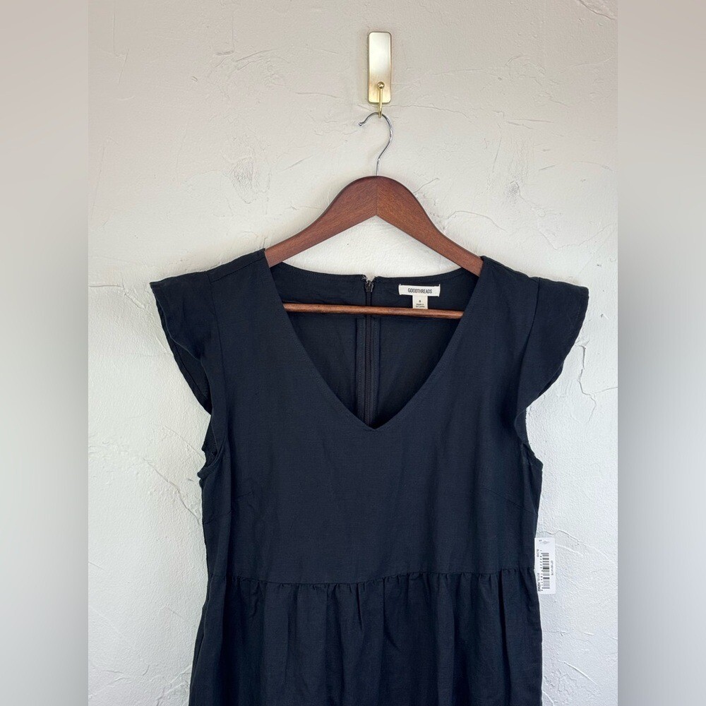 GOODTHREADS Linen Short Dress Black Mini Flutter Sleeve NEW V Neck Women’s Small
