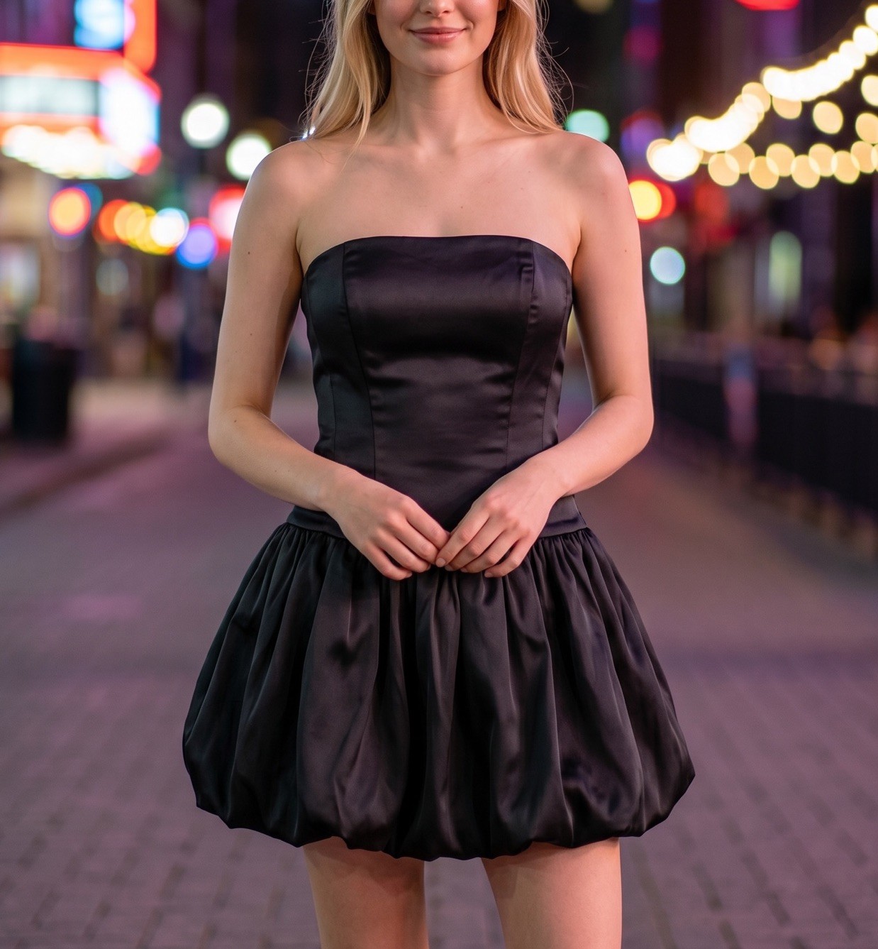 Tenshoppe Satin Laced Back Dress Womens Large Black Strapless Corset Bubble Hem