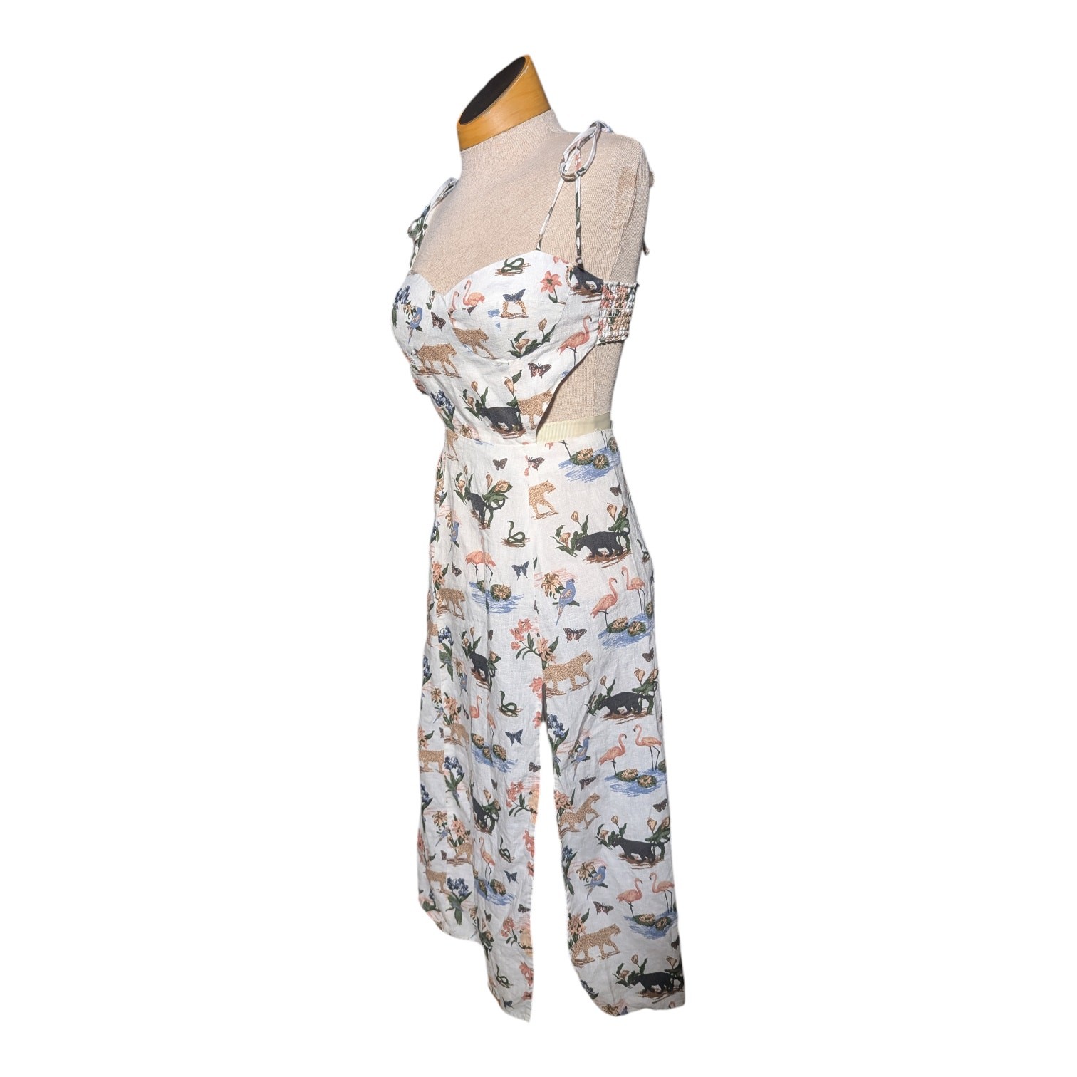 Reformation Alessa Janeiro Ivory Jungle Animal Print Cutout Linen Midi Dress 0
