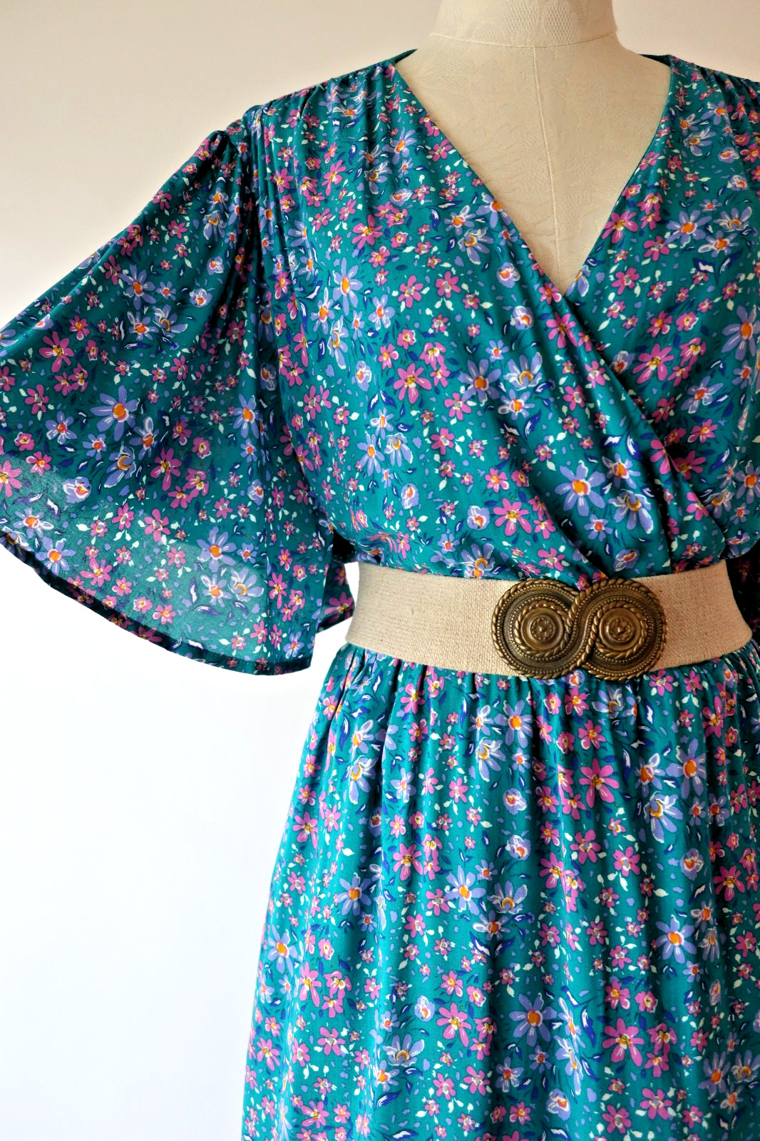 Draper James RSVP Teal Green Floral Short Batwing Sleeve Wrap Dress Women XXL