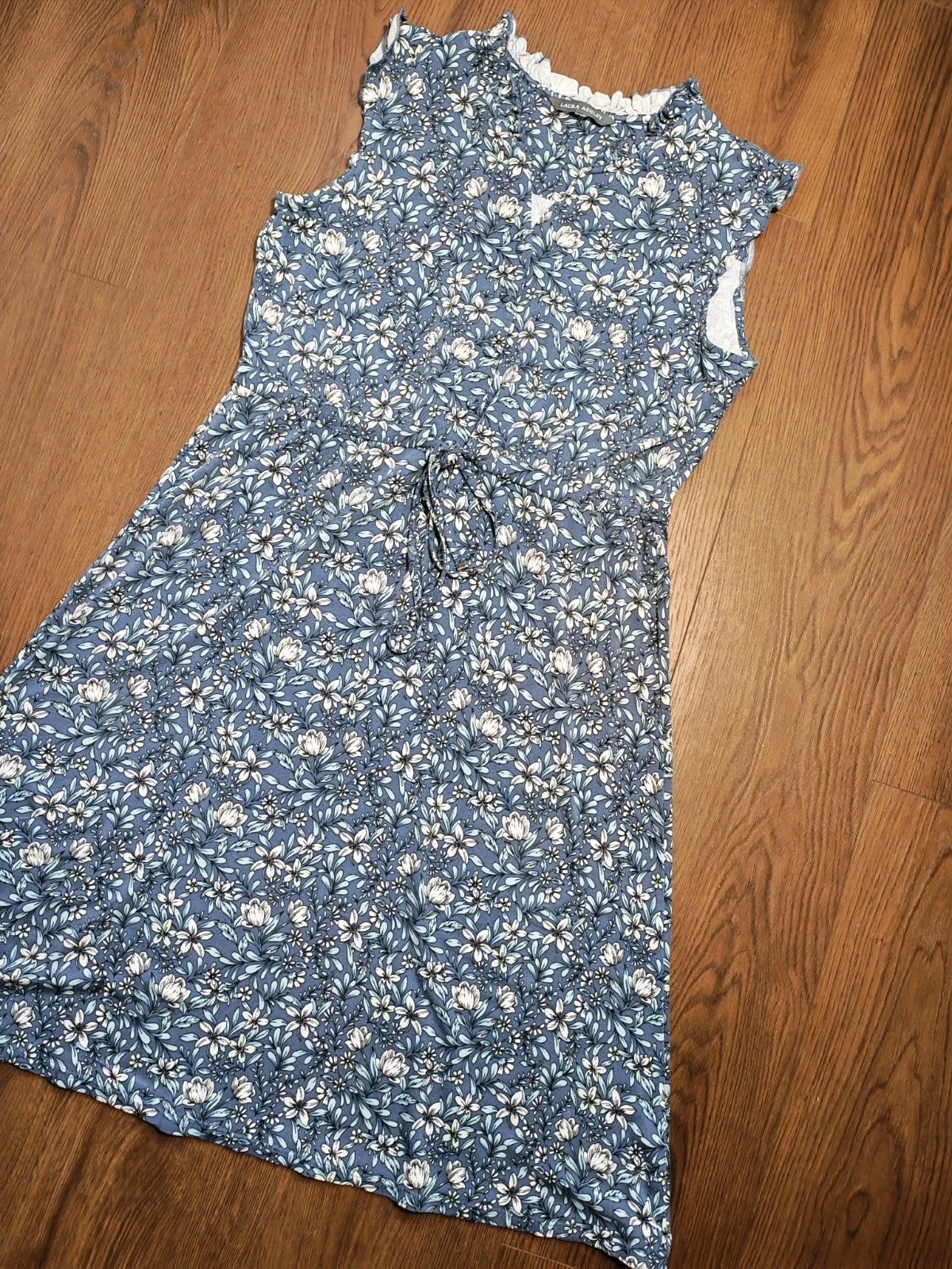 Beautiful Laura Ashley Blue Floral Stretch Frill Dress Waist Tie Belt UK 18