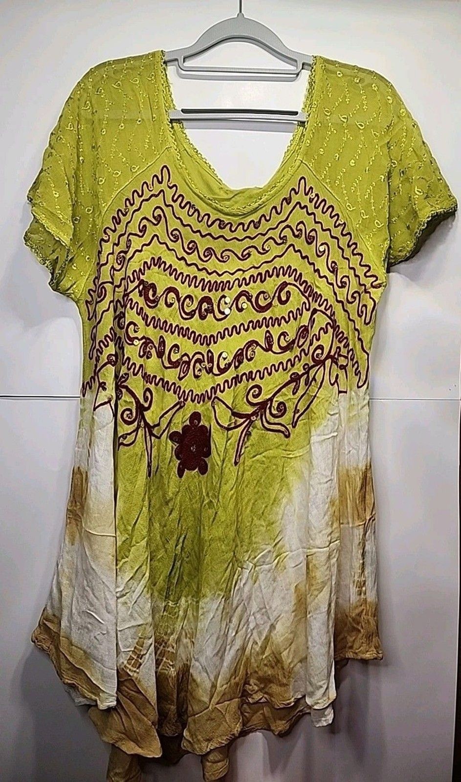 Sunflower Boho Tunic Top L/XL Green Yellow Tie Dye Embroidered Sequin Festival