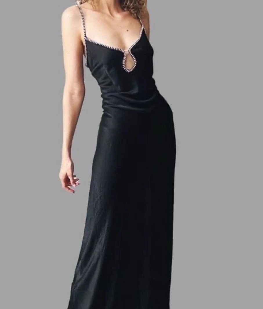 Rumored Revolve Black Satin Maxi Slip Dress Beaded Keyhole Cutout Medium